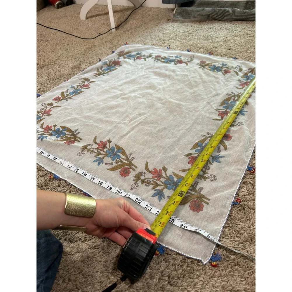 Vintage Floral Square Head Scarf White Sheer Tassel Boho Prarie Cottagecore
